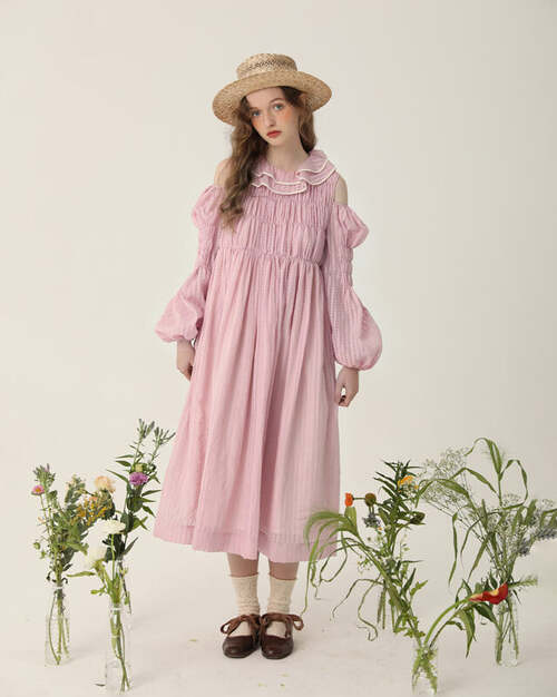 MANISENRIKUAILE 텍스처 레이스 퍼프 드레스 (핑크)