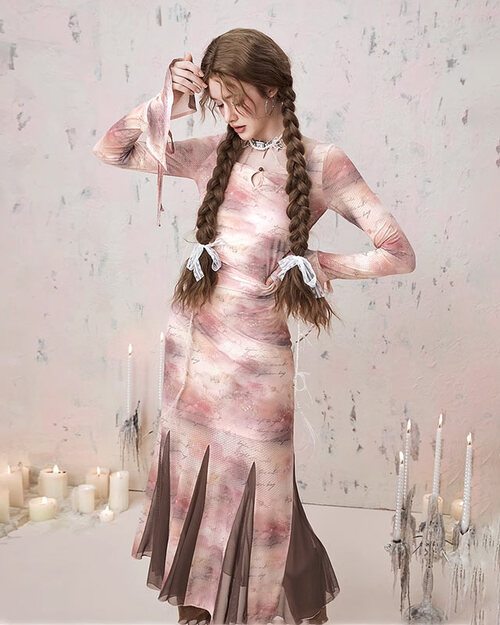 I&#039;MONE 프린팅 플리츠 드레스 (핑크)