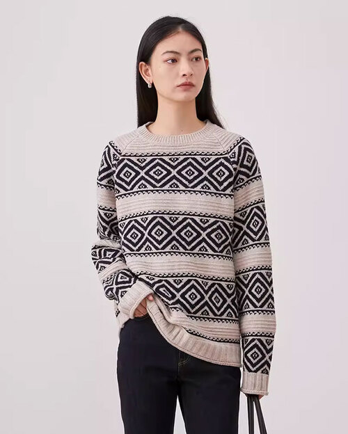 YUMISOME 울100 패턴 니트 스웨터 (그레이 베이지)
